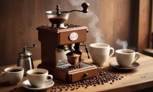En vacker espressomaskin i trä maler bönor för en perfekt espresso utan maskin. Kaffebönor sprider sig över bordet.