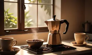 En moka kaffebryggare står redo att moka kaffe. Ånga stiger från en skål med bönor, bredvid en kopp kaffe.