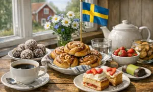 En härlig fika med svensk kaffe, kanelbullar, jordgubbstårta och chokladbollar. En svensk flagga vajar i bakgrunden.