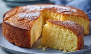 En saftig glutenfri sockerkaka, pudrad med florsocker, ligger på en grå tallrik. En bit är uppskuren.