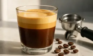 En perfekt lagerdelad cafe cortado i ett glas, med kaffebönor och en portafilter i bakgrunden.