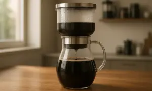 En kaffebryggare i glas där kaffe droppar ner i kannan. Enkel metod att koka kaffe utan filter för en ren smak.
