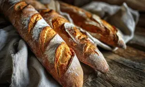 Tre nybakade, glutenfria baguetter med krispig skorpa ligger på en linneduk. Ett perfekt glutenfria baguetter recept för hembakning.