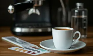 Espressokopp med en teststicka för hårdhetsgrad vatten bredvid. En espressomaskin och en vattenflaska i bakgrunden.