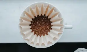 Färskt kaffepulver i ett filter, redo att bryggas. En perfekt kaffesked mått för morgonens njutning.