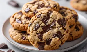 Amerikanska chocolate chip cookies recept. En hög med nybakade, gyllene kakor med generöst med mörk choklad. Perfekt för fikat!