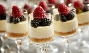 Flera glas med cheesecake i glas, toppade med hallon och björnbär. En läcker dessert för alla tillfällen.