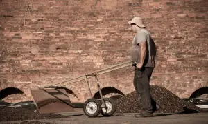 Man med hatt skottar kaffebönor framför en tegelvägg. Kanske en scen från vilket land producerar mest kaffe.