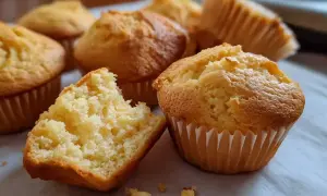 En fluffig glutenfri bakelse, perfekt för fikat. En är uppdelad och visar det luftiga inkråmet.