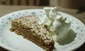 En bit glutenfri kanelbullekladdkaka med en kula vaniljglass på en tallrik med blå blommor.
