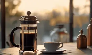 En fransk presskanna med mörkt kaffe bredvid en vit kopp. Morgonsolen lyser in genom fönstret.
