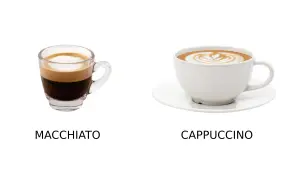 En liten macchiato bredvid en större cappuccino med lattekonst.