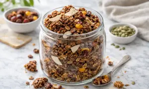 En burk fylld med hemgjord glutenfri granola, perfekt för en hälsosam frukost. Receptet är enkelt och resultatet är krispigt och gott.