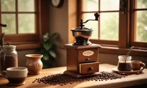 En gammal kaffekvarn i trä står på ett bord, omgiven av kaffebönor. Perfekt för att mala grovmalet kaffe till morgonkoppen.