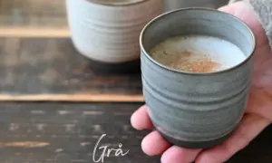 En hand håller en grå mugg med ett skummande, kaneldoftande lungo kaffe. En annan mugg syns i bakgrunden.