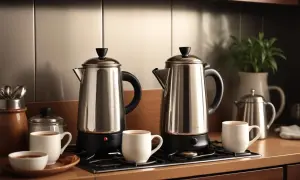 Två blanka perkulatorer står på spisen, redo att koka kaffe. Koppar med nybryggt kaffe väntar.