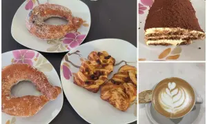 En härlig frukost med munkar, wienerbröd och tiramisu. Perfekt för en paus med kaffe i Italien.