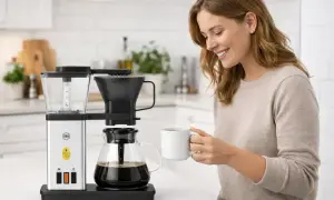 En kvinna njuter av nybryggt kaffe från en stilren kaffebryggare, perfekt för alla presskaffe sorter.