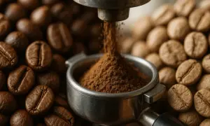Färskt malet robusta kaffe fyller portafiltret, omgivet av hela bönor.