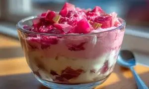 En glasburk med en krämig dessert med lager av rabarber och grädde, toppad med bitar av rabarber och en hint av rabarbersirap.