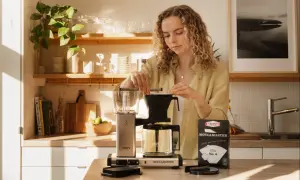 En kvinna förbereder starkt bryggkaffe med en Moccamaster. Solen lyser in i köket.