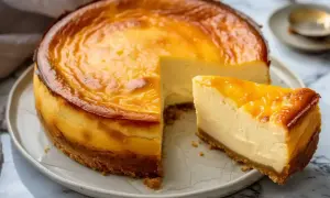 En gyllene saffranscheesecake glutenfri med en bit uppskuren. Perfekt för fika.