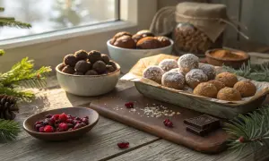 Juliga chokladbollar och snöbollar, perfekta för glutenfritt julbak. Bär och choklad på träbordet.
