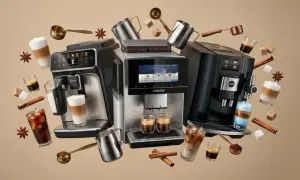Tre helautomatiska espressomaskiner visar upp olika kaffedrycker, kaffebönor och tillbehör. Vanligt kaffe i espressomaskin är bara början på en härlig kaffeupplevelse.