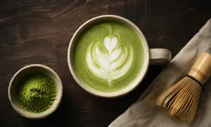 En kopp islatte mocka med vacker lattekonst, bredvid en skål med matchapulver och en bambuvisp.