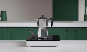 En mokkakanne står på en induktionshäll, redo att koka kaffe på spis.