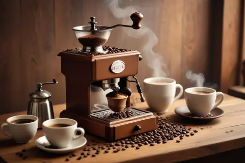 En vacker espressomaskin i trä maler bönor för en perfekt espresso utan maskin. Kaffebönor sprider sig över bordet.