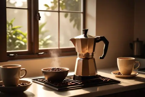 En moka kaffebryggare står redo att moka kaffe. Ånga stiger från en skål med bönor, bredvid en kopp kaffe.