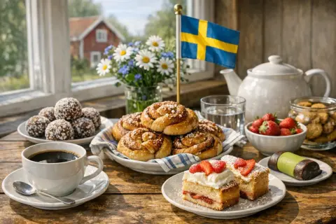 En härlig fika med svensk kaffe, kanelbullar, jordgubbstårta och chokladbollar. En svensk flagga vajar i bakgrunden.