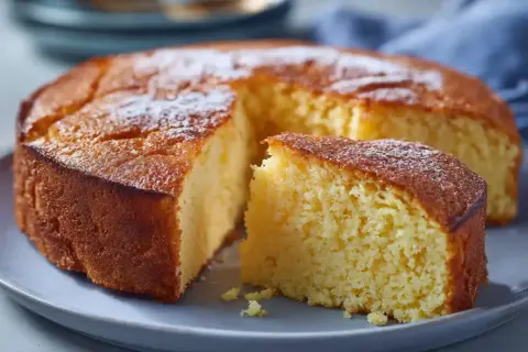 En saftig glutenfri sockerkaka, pudrad med florsocker, ligger på en grå tallrik. En bit är uppskuren.