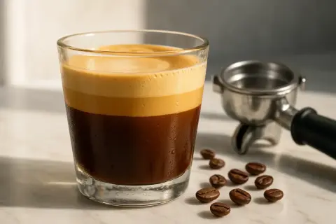 En perfekt lagerdelad cafe cortado i ett glas, med kaffebönor och en portafilter i bakgrunden.