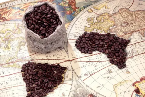 Kaffebönor i en säck och formade som ett hjärta och Afrika på en gammal världskarta. Vem uppfann kaffe? Kanske en upptäcktsresande!