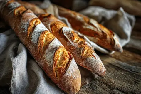 Tre nybakade, glutenfria baguetter med krispig skorpa ligger på en linneduk. Ett perfekt glutenfria baguetter recept för hembakning.