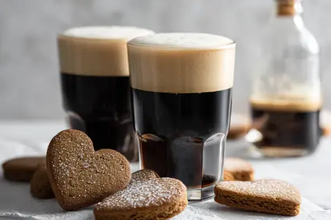Två mörka kaffedrinkar med Cointreau och hjärtformade pepparkakor pudrade med florsocker.