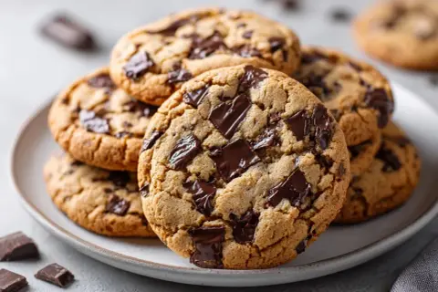 Amerikanska chocolate chip cookies recept. En hög med nybakade, gyllene kakor med generöst med mörk choklad. Perfekt för fikat!