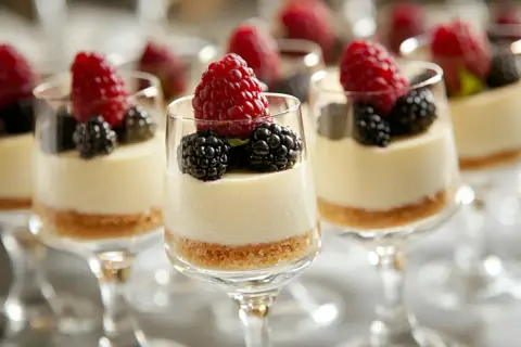 Flera glas med cheesecake i glas, toppade med hallon och björnbär. En läcker dessert för alla tillfällen.