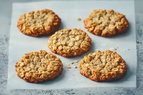 Fem gyllene glutenfria havrekakor ligger på bakplåtspapper. Perfekta för alla fika-stunder.