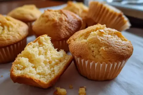 En fluffig glutenfri bakelse, perfekt för fikat. En är uppdelad och visar det luftiga inkråmet.