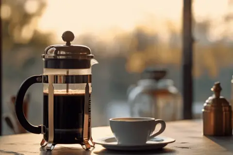 En fransk presskanna med mörkt kaffe bredvid en vit kopp. Morgonsolen lyser in genom fönstret.