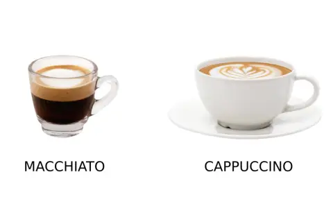 En liten macchiato bredvid en större cappuccino med lattekonst.