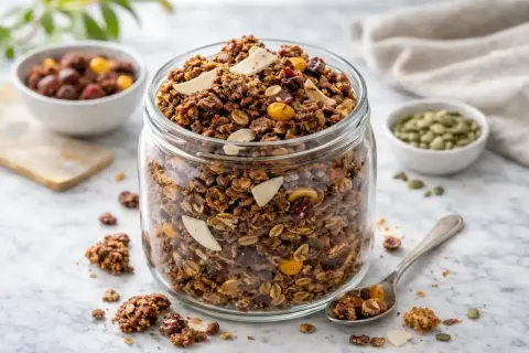 En burk fylld med hemgjord glutenfri granola, perfekt för en hälsosam frukost. Receptet är enkelt och resultatet är krispigt och gott.