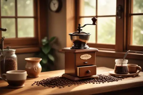 En gammal kaffekvarn i trä står på ett bord, omgiven av kaffebönor. Perfekt för att mala grovmalet kaffe till morgonkoppen.
