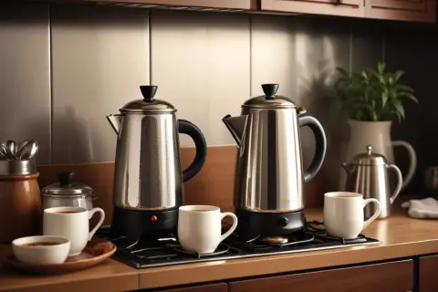 Två blanka perkulatorer står på spisen, redo att koka kaffe. Koppar med nybryggt kaffe väntar.