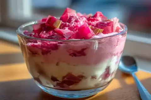 En glasburk med en krämig dessert med lager av rabarber och grädde, toppad med bitar av rabarber och en hint av rabarbersirap.