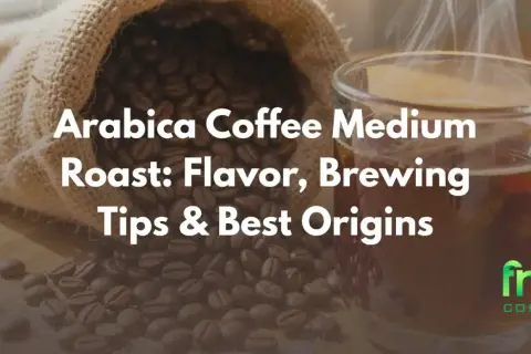 En säck med kaffebönor och en ångande kopp kaffe. Texten lyder "Arabica Coffee Medium Roast: Flavor, Brewing Tips & Best Origins".