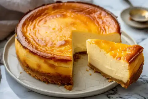 En gyllene saffranscheesecake glutenfri med en bit uppskuren. Perfekt för fika.